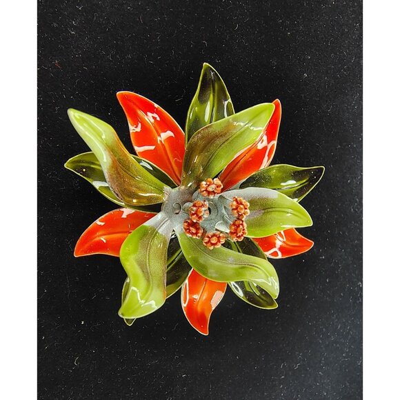 Vintage Enamel Orange Green Lily Flower Pin Brooch, 3D, Mod Retro Floral - Picture 4 of 7